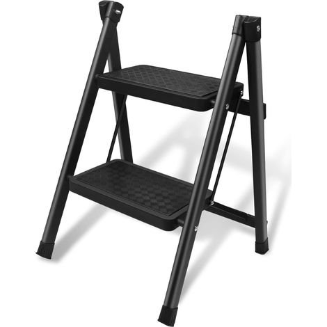 Escabeau 2 Marches Pliable, Échelle Domestique en Acier Marchepieds Pliant Portable, Largeur de Marche 20 cm Antidérapant, Charge Max 250 kg, pour Maison, Cuisine, Bureau, Bibliothèque, Noir (1/5)