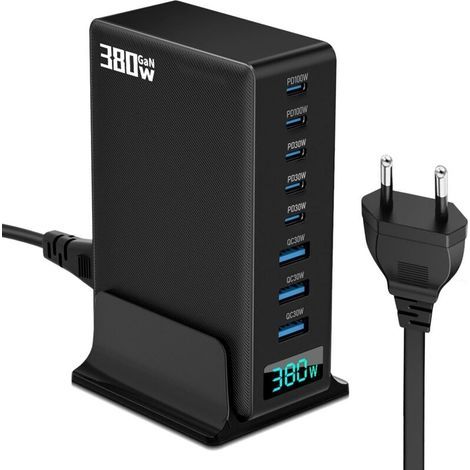 Chargeur USB C 380 W - Chargeur rapide GaN III 8 ports avec 5 ports USB-C et 3 ports USB-A Adaptateur de chargeur pour ordinateur portable PD PPS 100W (1/4)