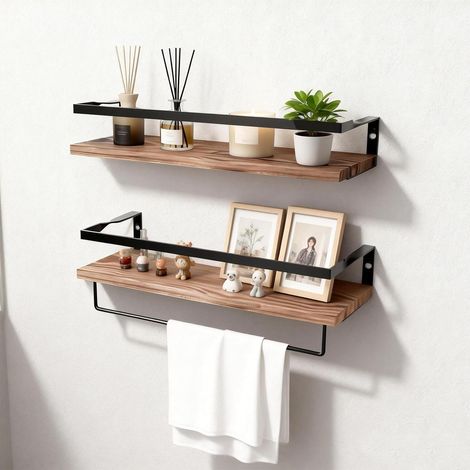 Lot De 2 Étagère Murale Bois, Étagère Murale, Etagere Murale Cuisine, 4015 7,2 CM, Etagere Salle De Bain, Bois, Fer, Décoration, Convient Pour Chambre à Coucher, Salon, Cuisine, Salle De Bain (1/5)