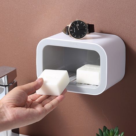 Porte-savon mural adhésif sans perçage, style nordique gris, pour salle de bain et dortoir étudiant.