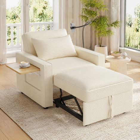 Canapé-lit 1 place 93x177x85 cm beige convertible USB, tissu corduroy MEUBLIV (1/5)