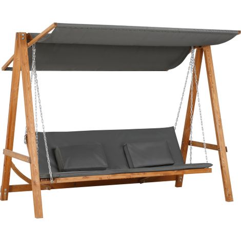 Altalena Hollywood a 3 posti con funzione letto, altalena da giardino con tettuccio, in legno di pino grigio e teak, 225,5x113x180 cm. Disponibile in loco. (1/5)
