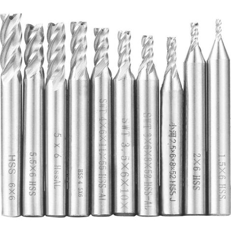 Fresas rectas de acero rápido (HSS), 4 tamaños – Paquete de 10 fresas de 1,5 a 6 mm para mecanizado CNC, acabado preciso y corte suave.