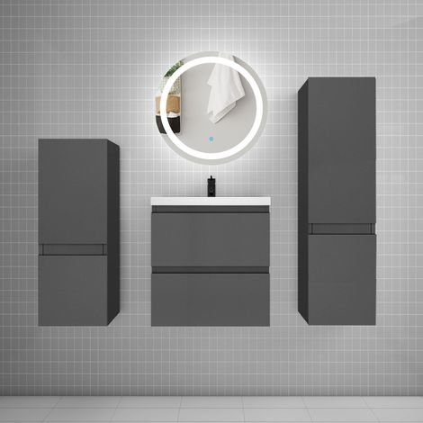 Ensemble meuble vasque L.50cm 2 tiroirs + lavabo + LED miroir 60cm + 2colonne,anthracite B (1/5)