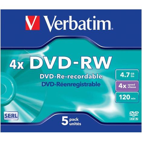 Discos DVD-RW Verbatim de 4,7 GB x 4, acabado mate plateado (caja de 5 discos) (1/3)