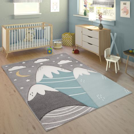 Paco Home Kinderteppich Teppich Kinderzimmer Junge Mädchen Berge Sterne Wolken 3D Effekt Grau Blau 133 cm Quadrat