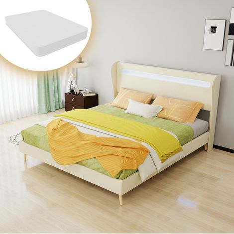 Letto matrimoniale 160x200 cm, con materasso e illuminazione LED regolabile, in tessuto e metallo, beige (1/5)