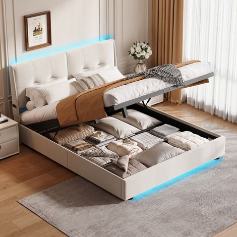 Lit adulte 160x200 cm – Lit coffre – Éclairage LED – Sommier lattes – Velours Beige (1/5)