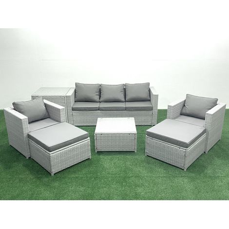 Fimous 7 places Salon de jardin avec Canapé 3 places 2 Chaise Table basse carrée 2 Grand tabourets Table d'appoint Gris clair mixte (1/5)