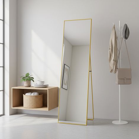Miroir sur pied - Miroir Intégral 3 en 1, à suspendre, l.40 x H.150 cm - Pied réglable - Base antidérapante, avec cadre - Doré (1/5)