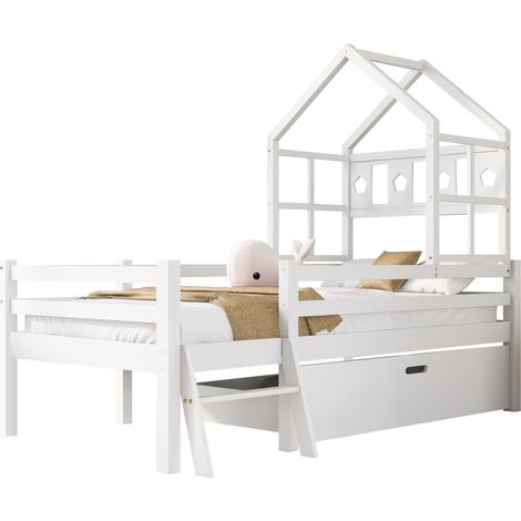 Lit mezzanine enfant en bois massif blanc 90x200 cm avec échelle, tiroir de rangement et sommier à lattes (1/5)