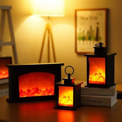 Lanterne Cheminée LED - Flamme Réaliste - Décoration Intérieure Salon - Sur Table - 24,5 x 14 cm - Bois et Métal - 3 Piles AA (1/4)