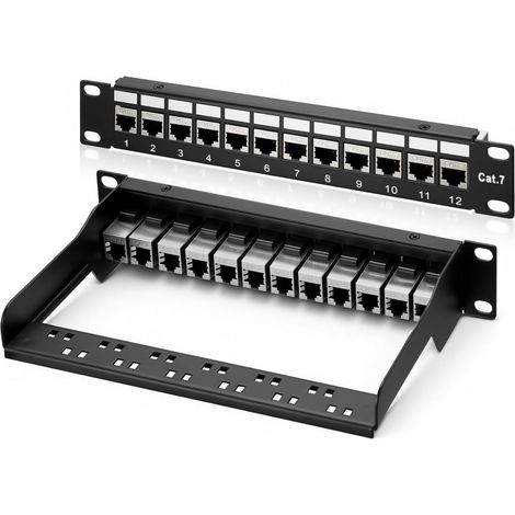 12-Port CAT7 1HE 19" Patchpanel – Rackmontage – Geschirmt – Kompatibel mit Keystone-Modulen (CAT5/CAT6/CAT7/CAT8) – Für 10-Gbit/s-Netzwerke – 600 MHz – Schwarz – Leeres Gehäuse (1/5)