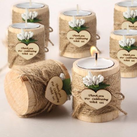 Portacandele in legno, portacandele cilindrici rustici con lumini, ideali per matrimoni, baby shower, colore naturale (candele non incluse) (1/5)