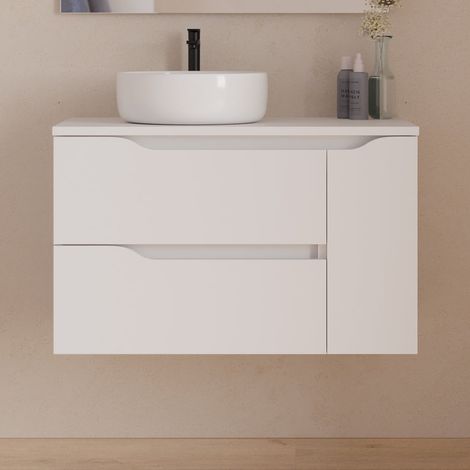 Meuble de salle de bain 80cm avec plateau et vasque à poser déportée à gauche Ares - sans miroir - 2 tiroirs et un placard - blanc - ZARZA