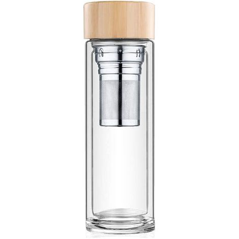 Bouteille à thé isotherme en verre double paroi 450 ml avec filtre et couvercle en bambou (1/5)