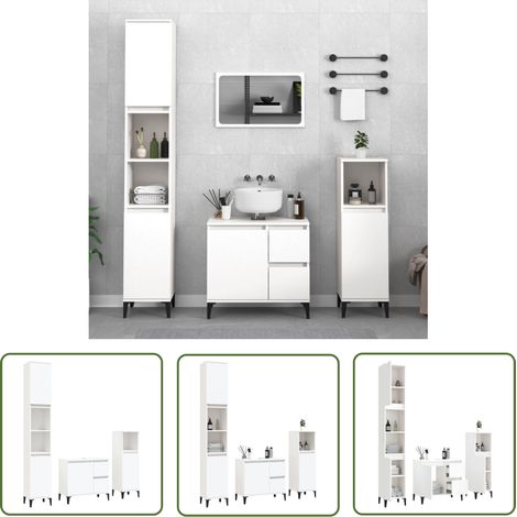 The Living Store 3-tlg. Badmöbel-Set Weiß Holzwerkstoff - Badmöbel-Set - Waschtischschrank - Badezimmermöbel - Holzwerkstoff - Weißer Schrank (1/5)