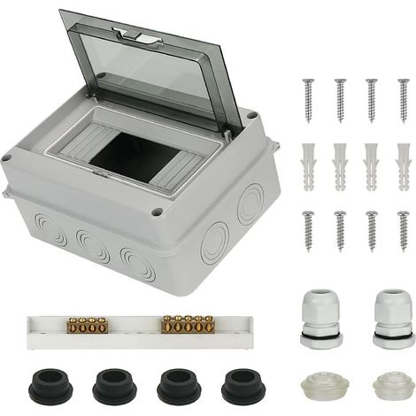 Coffret Électrique Étanche Éxterieur IP65, Boîtier de Distribution 8 Modules, Coffret Modulaire avec Bornier Laiton, Rail DIN, Presse Étoupes Étanche, Bouchon en Silicone Étanche et Bouchons Cache (1/5)