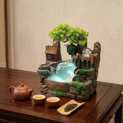 【Maison connectée】Fontaine D'intérieur Zen, Fontaine de Table Cascade avec brumisateur et Éclairage LED Multicolore, Boule de Verre Rotative, Décor pour Bureau Salon Chambre, Prise EU 220V (1/5)