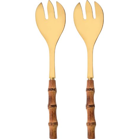 (2 fourchettes dorées) Ensemble de couverts pour deux, en acier inoxydable 304, bois et bambou. (1/5)