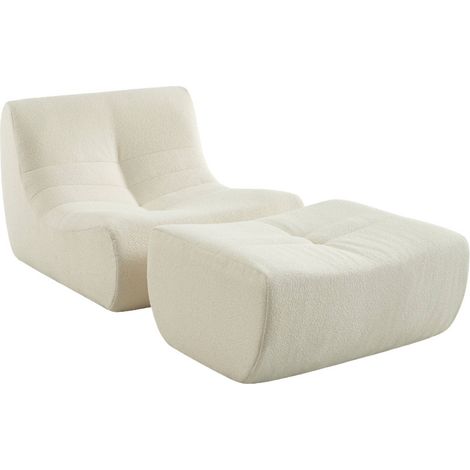 sweeek - Sessel mit strukturiertem Bouclé-Bezug und Hocker, Strukturiertes  Bouclé, Weiß