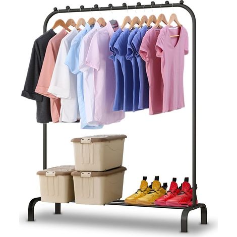 BALLSHOP Portant a Vetement,pour Chambre,110x146x40 cm,Charge 20 kg, Rangement Polyvalent,en Métal,avec Support pour à Chaussures,des Cintres Chemises,des Pantalons,des Vestes Fines (noir) (1/5)