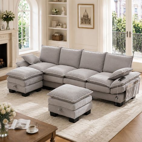 Modulares 4-Sitzer Cordsofa mit 2 Hockern und praktischem Stauraum, ergonomischem Design, USB-C Anschluss und Seitentaschen, 330x132x84 cm, Hellgrau (1/5)