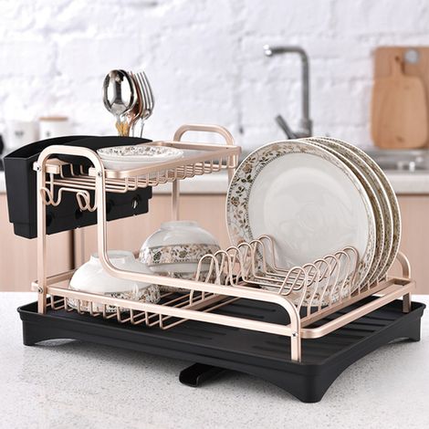 2 Tier Aluminum Dish Storage Rack with Cutlery Holder Drain Hole (1/5)