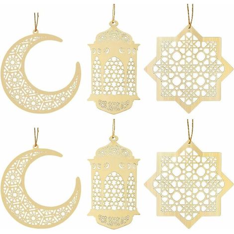 6 Pieces Wooden Eid al-Fitr Ornaments, Eid Ornament DIY Decorations with Pendant Moon Wind Shape Ornament for Muslim Eid Mubarak (1/4)