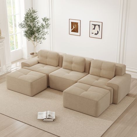 Canapé modulable Cloud en U, sans armature, avec pouf, velours côtelé beige, 3 places convertible, salon cosy, sans assemblage, gris clair (1/5)