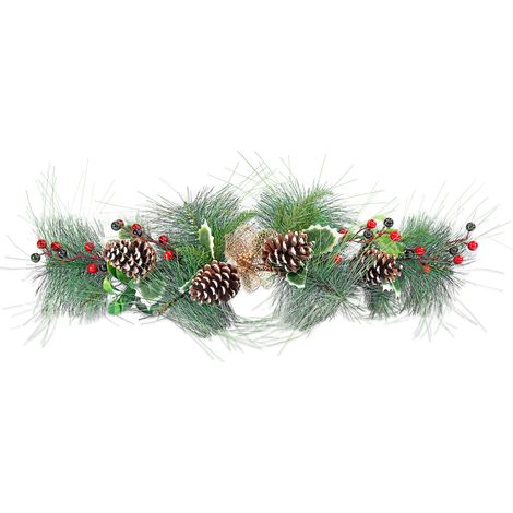 Fascina decorativa natalizia con aghi di pino, pigne, bacche rosse e decoro floreale dorato, set da 2 pezzi, cm 68