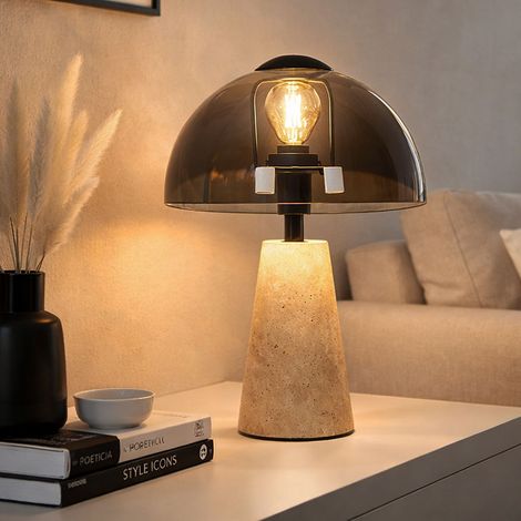 LED Tischlampe Travertine Stein grau Nachttischlampe Rauchglas Pilz Tischleuchte Wohnzimmerlampe, 1x E14, DxH 20 x 31 cm