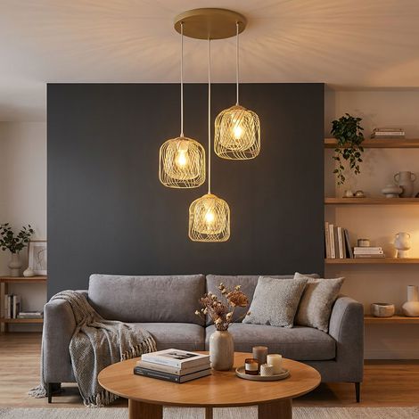 LED Pendelleuchte Hängelampe Esszimmerlampe 3-flammig sandfarben H 150 cm (1/5)