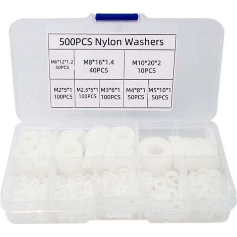 500 pièces rondelle plate en nylon, XU, Rondelle plate isolée joint rond joint d'étanchéité kit d'assortiment de tuyaux-M2/M2.5/M3/M4/M5/M6/M8/M10 (B-Blanc) - KZQ (1/4)