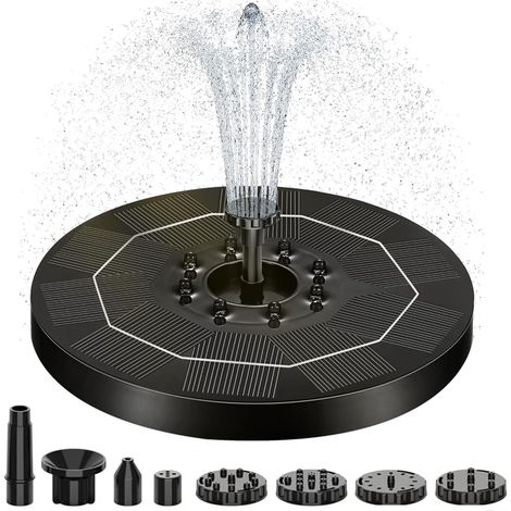 Fontaine Solaire LED Colorées, 3W Fontaine Solaire Pompe avec 1500mAh Batterie, Flottante Pompe Bassin Solaire avec 6 Buses pour Bain d'oiseaux, Étang, Piscine, Patio (1/5)