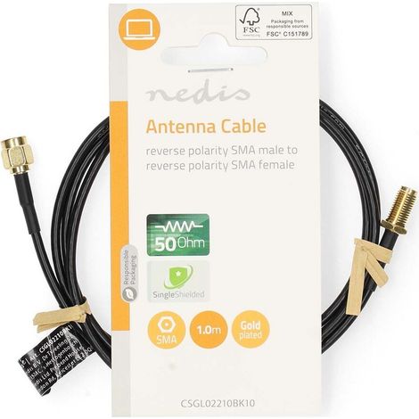 Nedis Antennenkabel / RP SMA-Stecker / RP SMA-Buchse / Vergoldet / 50 Ohm / Einzeln geschirmt / 1.00 m / Rund / PVC / Schwarz / Label