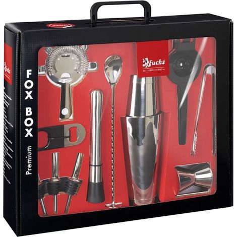 Set à Cocktails Fox Box 12 Pièces Professionnel - Shaker, Pince à Glaçons, Presse Agrumes, Jigger, Cuillère Bar, Écumoire et Plus pour Bartenders Amateurs et Pros