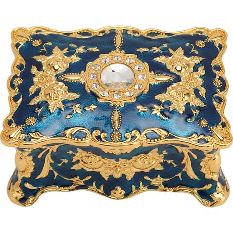 Vintage Schmuckkästchen, Mini-Schmuckkästchen im antiken europäischen Stil, Ringorganizer aus Emaille und Metall, für Halsketten und Ohrringe, Blau-Gold (1/4)