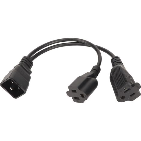 Câble d'alimentation Y mâle vers femelle IEC320 C14 vers 5-15R + 5-20R, 1 entrée 2 sorties, 32 cm, pour lampe de bureau et écran LCD. (1/5)