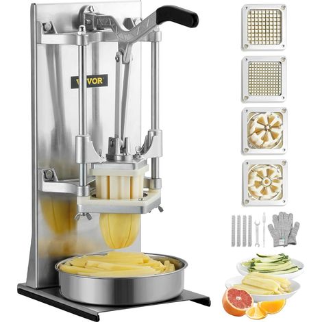 Professional Manual French Fry Cutter, Multifunctional Vegetable Cutter with 4 Stainless Steel Blades (6.4/9.5 mm), 1 Slicer (6 Wedges), 1 Apple Slicer, Fruit Stick Cutter, and 4 Replacement Blades