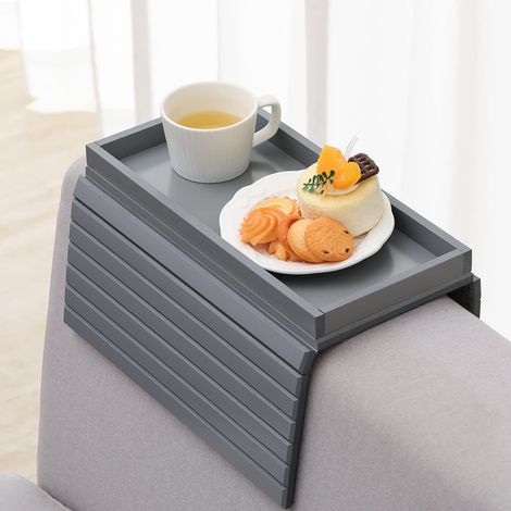 Plateau d'accoudoir de canapé en bambou naturel, table basse flexible et pliable avec surface antidérapante pour collations, téléphone, télécommande, tasses - Gris (1/5)