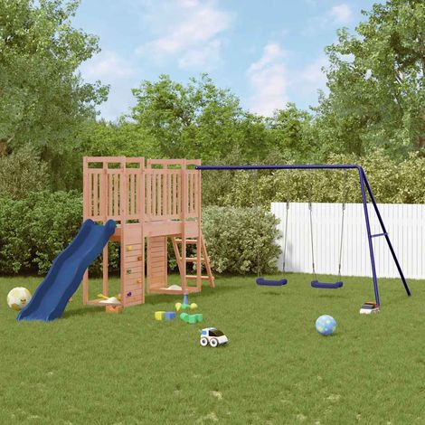 Aire de jeux extérieure en bois Douglas avec toboggan, balançoire double et bacs à sable - PANGIVO (1/5)
