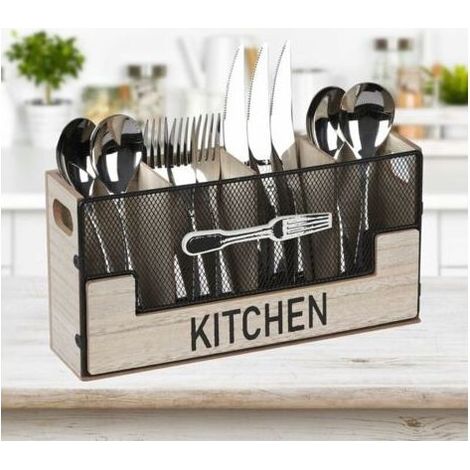 Modèle principal A Porte-couverts en bois 4 compartiments, rangement à couverts pour table, rangement décoratif pour couverts, panier à couverts, porte-ustensiles de cuisine pour fourchettes (1/5)