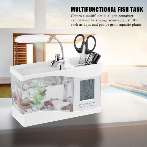 Aquarium mini poisson rechargeable USB multifonction avec horloge LED blanc, réservoir aquarium décoratif lumineux (1/5)