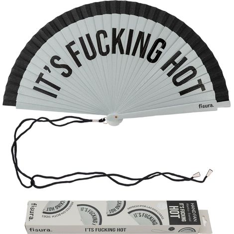 Fisura – Ventaglio originale con frase “It’s fcking hot”. Design reversibile in legno colorato contemporaneo. Ventilatore portatile grigio nero. Gancio incluso. Misure: 42,5 x 23 cm (1/5)