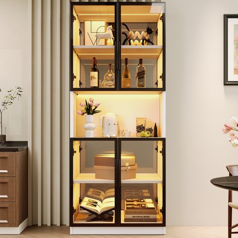 MODFU – Lot 2 vitrines 140x30x170 cm MDF – LED, portes verre gris et fond miroir – Charnières silencieuses – Salon – Blanc (1/5)