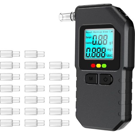 Éthylotest électronique portable avec fonction de rangement et indication vocale, doté d'un écran LCD numérique professionnel et de 20 embouts buccaux.