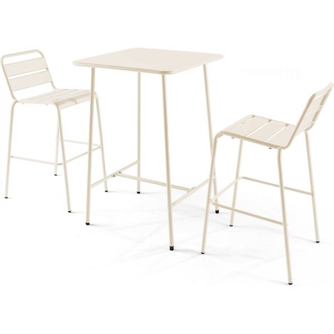 Ensemble table de bar et 2 chaises hautes en métal ivoire - Palavas (1/5)