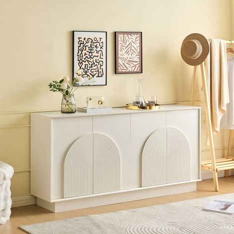 Modernluxe – Buffet moderne 160x38x80 cm – 4 portes incurvées – MDF blanc – Charnières amorties pour ouverture silencieuse – Grand espace de rangement