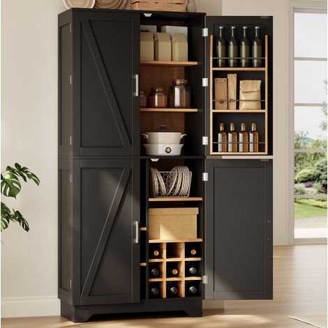 Mobile cucina alto 80 x 40 x 180 cm, 4 ante stile fienile, nero e naturale (1/5)